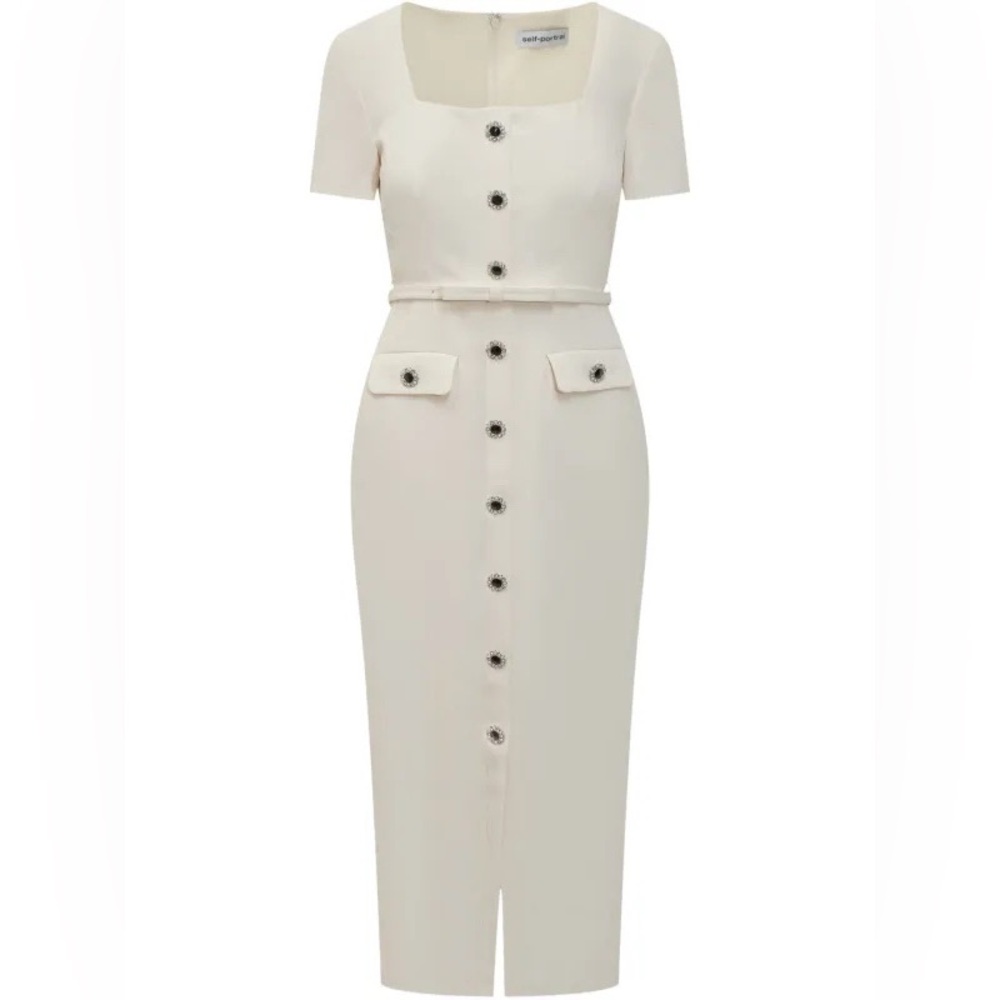 Self Portrait Crepe Button Front Midi Dress in Cream
